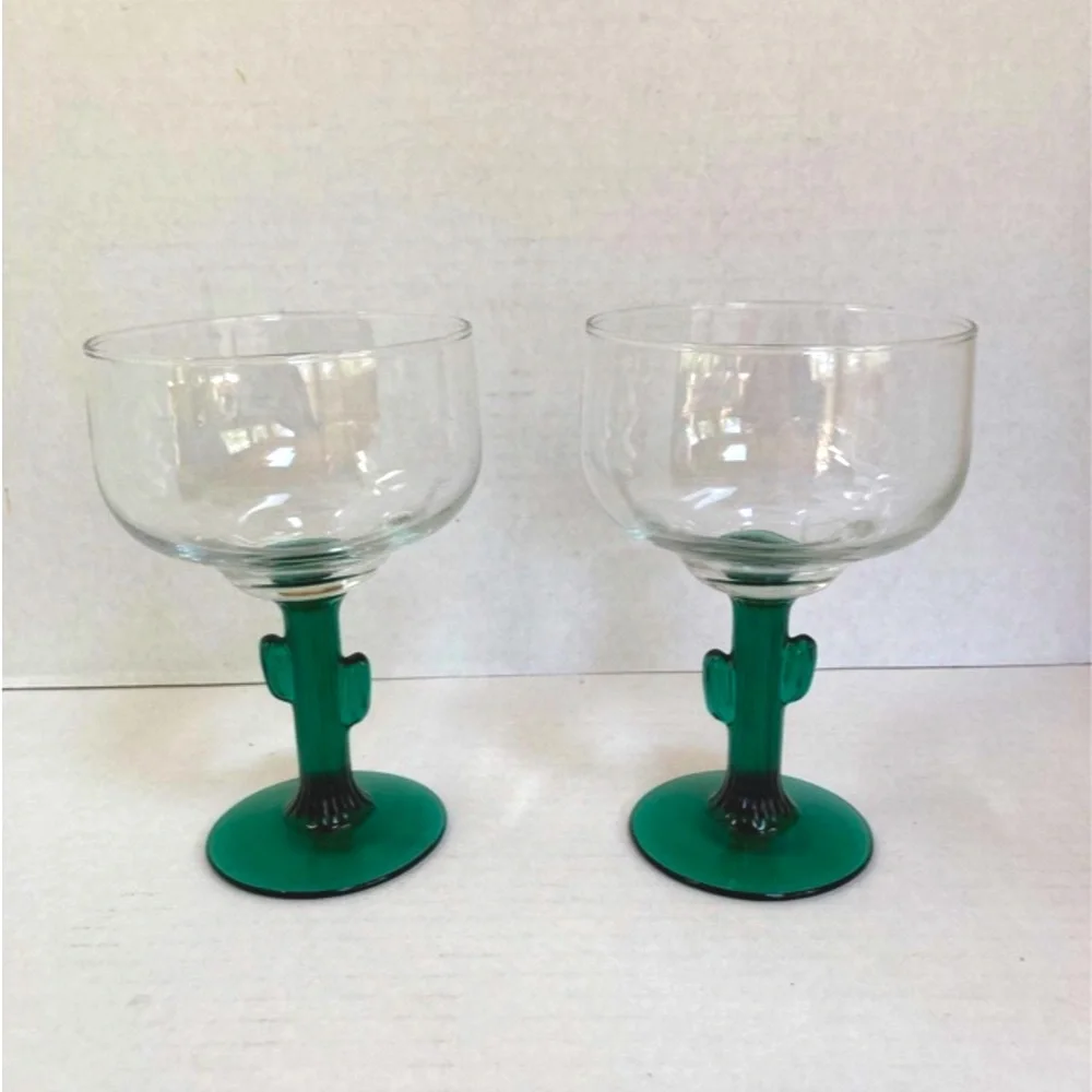 1980s Vintage CACTUS Southwestern Stemmed Margarita Glasses Set of 2
